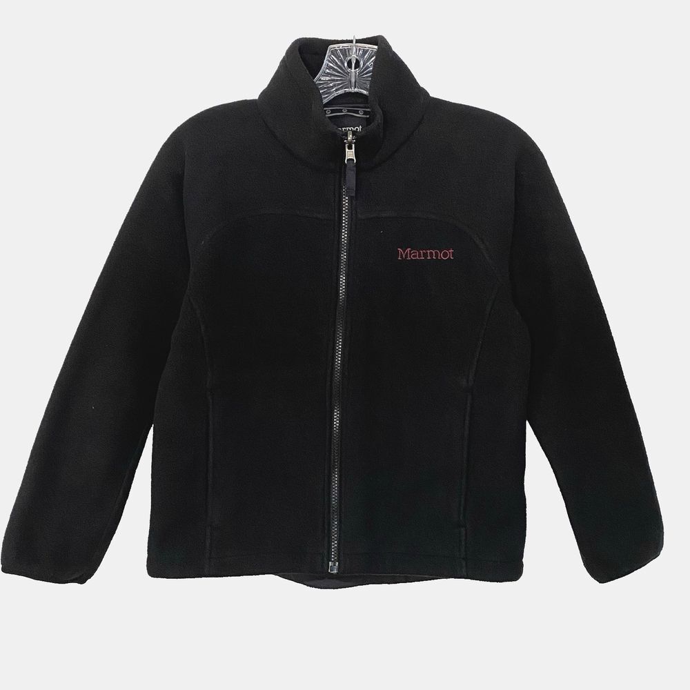 MARMOT Kids Full Zip Fleece Jacket Black Pink Logo Pockets Size L (10-12)